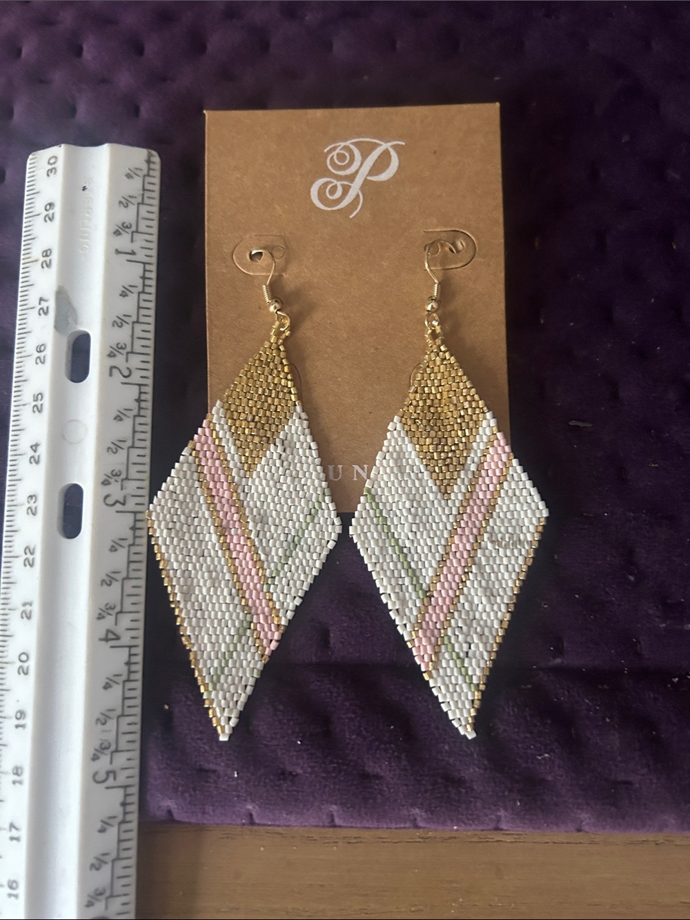 Logo Gold, White & ink Beaded Diamond Drop Earrings